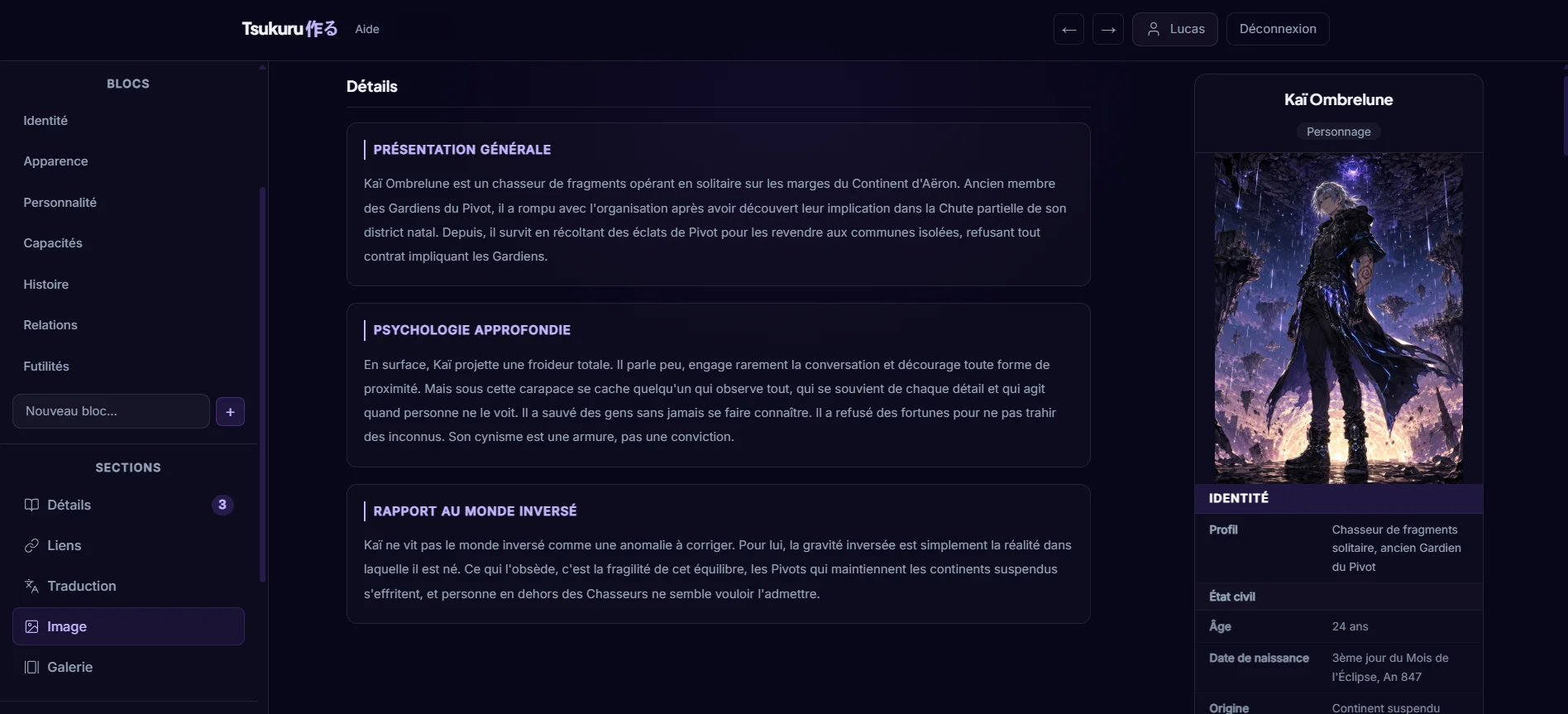 Interface Tsukuru, fiche personnage Kaï Ombrelune